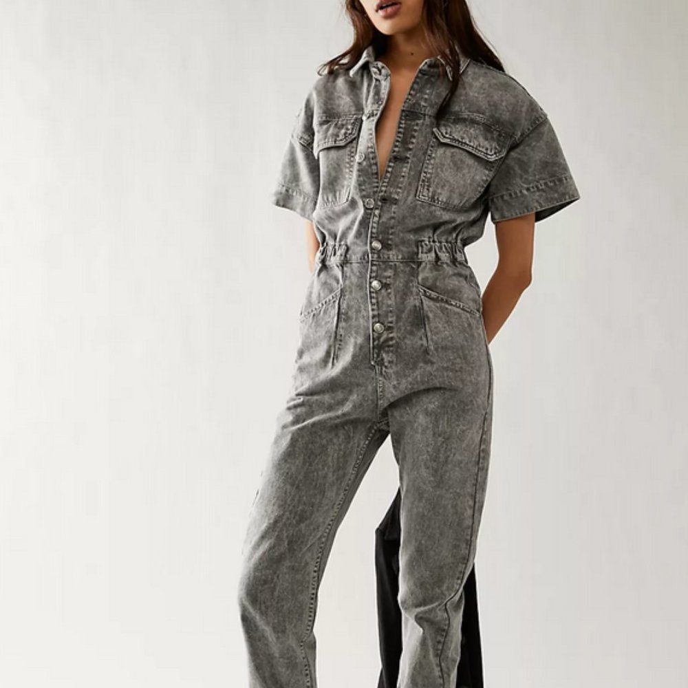 Free People We The Free Marci Coverall Jumpsuit Overall Silver Large New